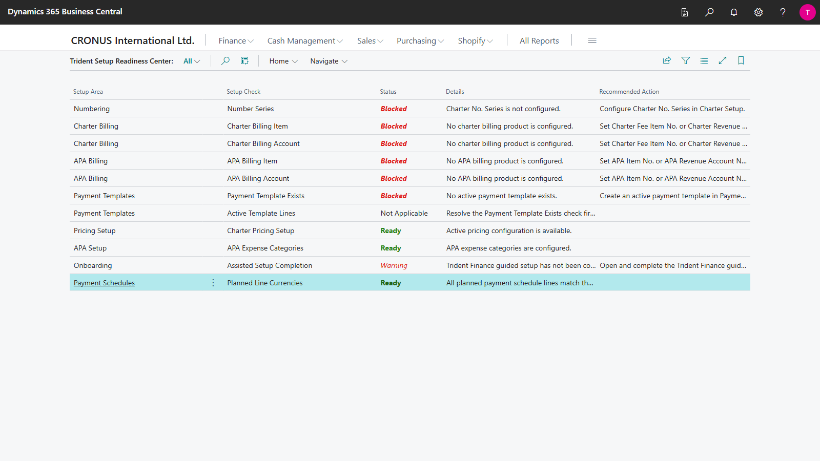 The Trident Setup Readiness Center list. Eleven rows with Setup Area, Setup Check, Status, Details and Recommended Action. Six rows are Blocked in red: Number Series, Charter Billing Item, Charter Billing Account, APA Billing Item, APA Billing Account and Payment Template Exists. Active Template Lines is Not Applicable with the detail Resolve the Payment Template Exists check first. Charter Pricing Setup, APA Expense Categories and Planned Line Currencies are Ready in green. Assisted Setup Completion is a Warning saying the Trident Finance guided setup has not been completed.
